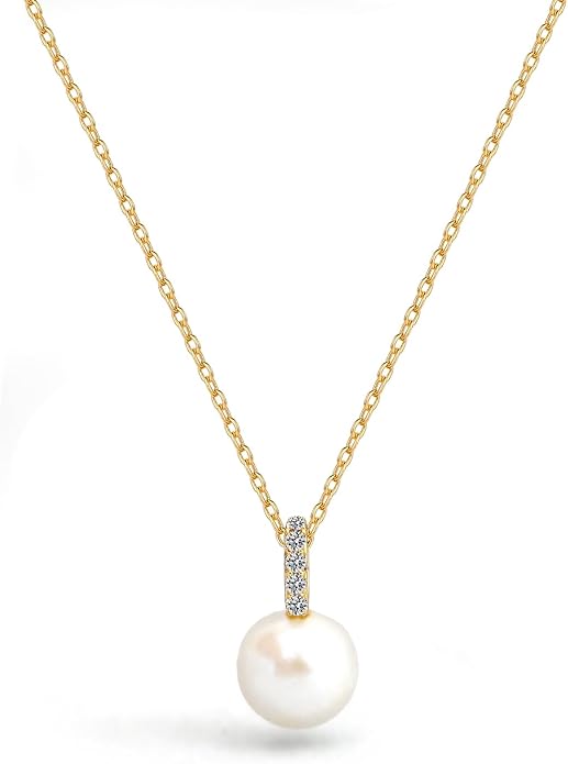 Freshwater Pearl Drop Pendant Necklace | 14K Gold-Plated or Rhodium-Plated Chain | 8mm Cultured Pearl with CZ Accents| Minimalist Elegant Jewelry for Women