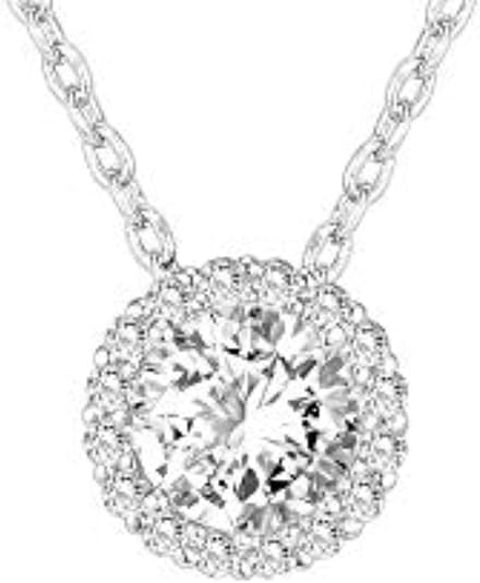 14K Gold Plated Post Faux Diamond Round Solitaire Pendant Halo Necklace | Gold Necklace for Women | Slider Adjustable