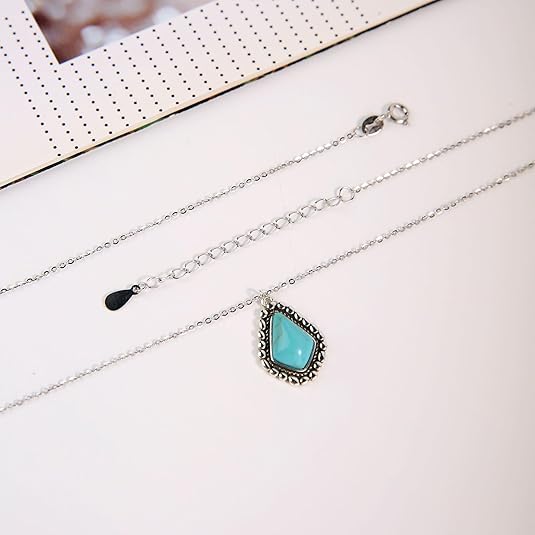 Turquoise Pendant Necklace for Women, 925 Sterling Silver Western Bohemian Necklace, Boho Jewelry, Gift Box included