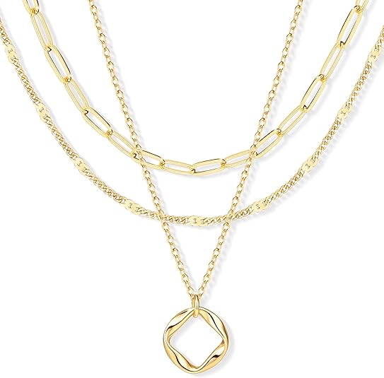 Layered Gold Necklaces for Women, Stackable Dainty 14K Gold Silver Plated Trendy Circle Paperclip Chain Pendant Choker Necklace,Simpl Diamond Cross Bow Jewelry Set Gifts for Women