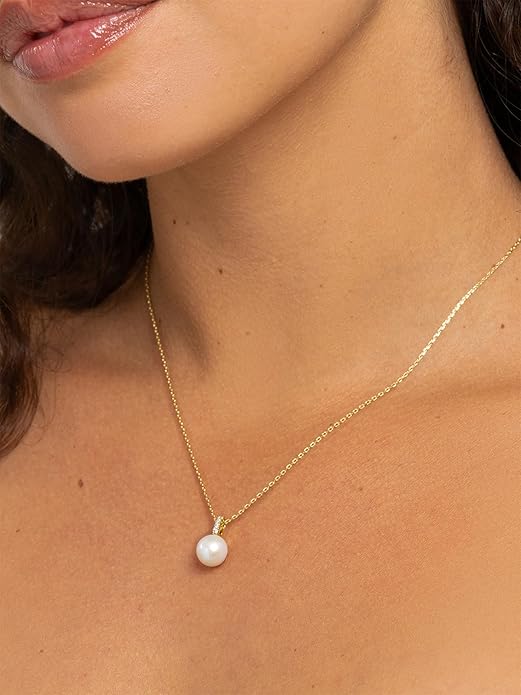 Freshwater Pearl Drop Pendant Necklace | 14K Gold-Plated or Rhodium-Plated Chain | 8mm Cultured Pearl with CZ Accents| Minimalist Elegant Jewelry for Women