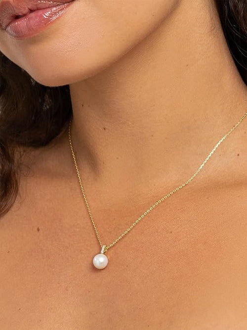 Freshwater Pearl Drop Pendant Necklace | 14K Gold-Plated or Rhodium-Plated Chain | 8mm Cultured Pearl with CZ Accents| Minimalist Elegant Jewelry for Women