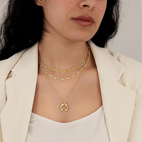 Layered Gold Necklaces for Women, Stackable Dainty 14K Gold Silver Plated Trendy Circle Paperclip Chain Pendant Choker Necklace,Simpl Diamond Cross Bow Jewelry Set Gifts for Women